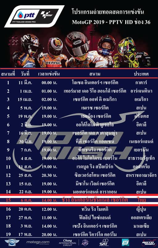 โปรแกรมเวลาถ่ายทอดสดการแข่งขัน MotoGP 2019 ครบทั้ง 19 สนาม | MOTOWISH 1