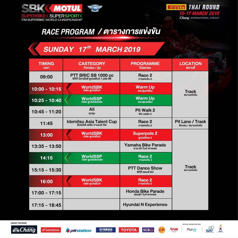 โปรแกรมการแข่งขัน WorldSBK 2019 สนามที่ 2 Pirelli Thai Round จัดเต็มความมันส์ทุกช่วงเวลา | MOTOWISH 1