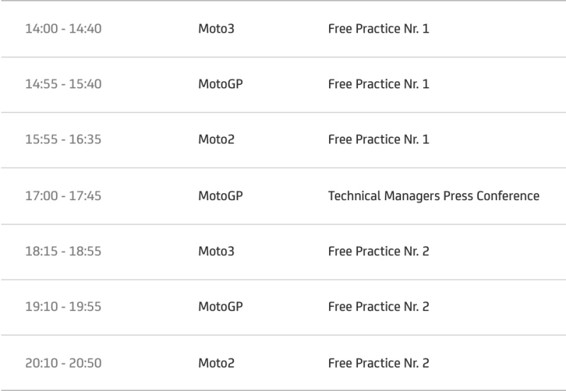 ตารางเวลาการแข่งขันโมโตจีพี 2020 สนามที่ 9 บาร์เซโลน่า ประเทศสเปน วันศุกร์