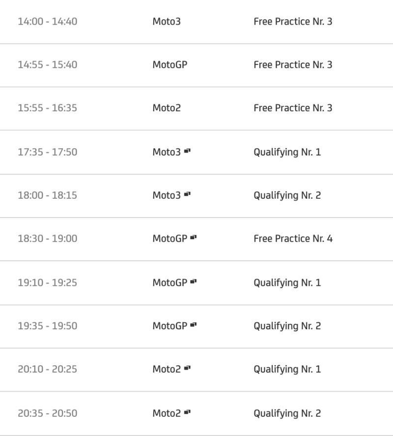 ตารางเวลาการแข่งขันโมโตจีพี 2020 สนามที่ 9 บาร์เซโลน่า ประเทศสเปน วันเสาร์