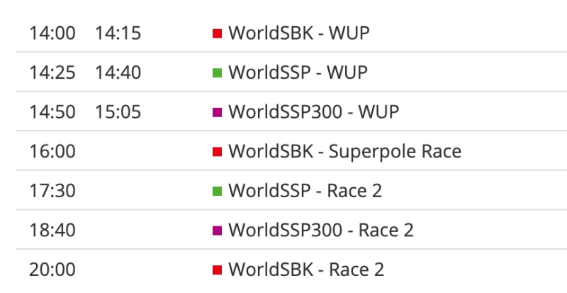 ตารางแข่ง worldsbk 2020 สนามที่ 6 วันเสาร์